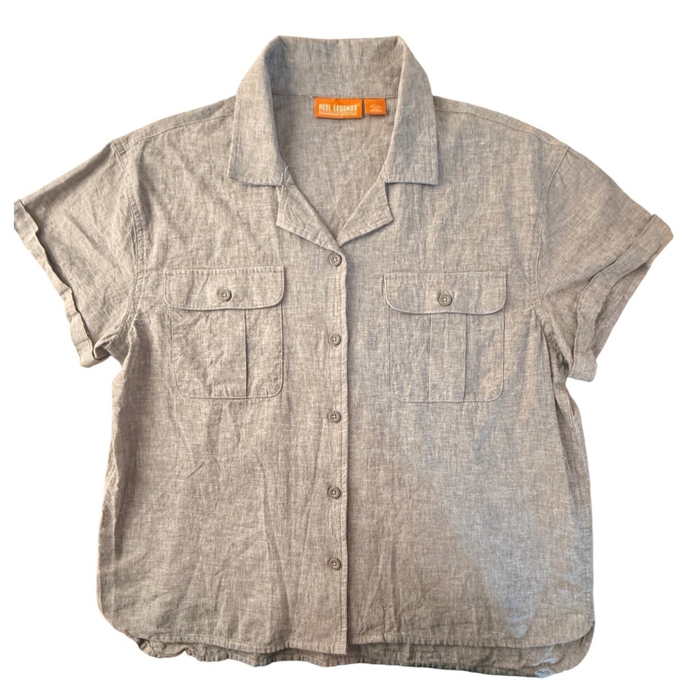 REEL LEGENDS Women L Brown Linen Blend S/S Button Up Shirt Outdoor Hike Fishing